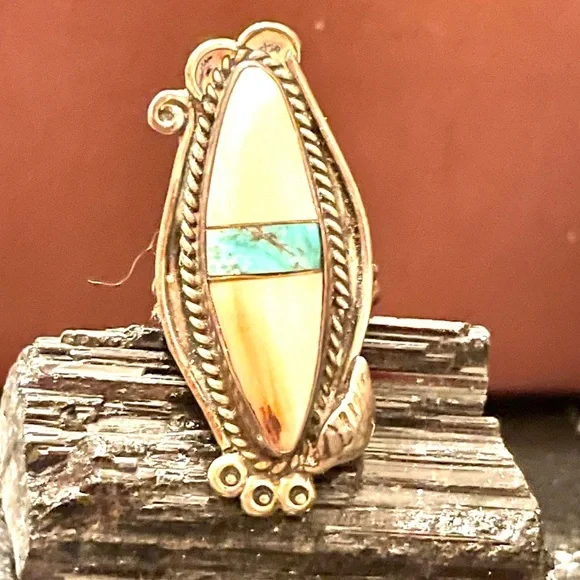 Sterling Hallmarked Turquoise & Bone Ring
